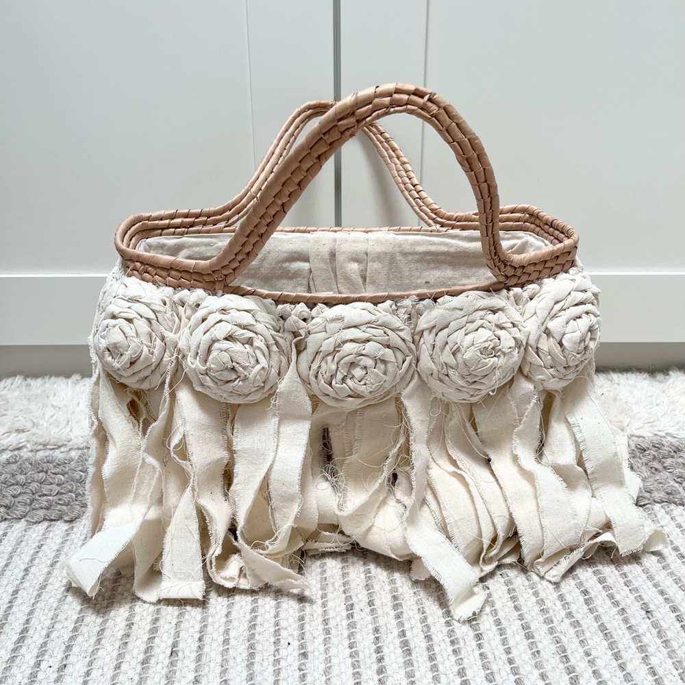 Summer tote bag with distressed linen roses and fringe